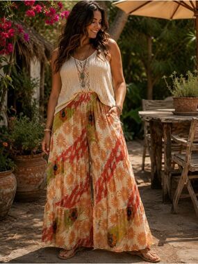 NWT Rahabs Rope Cotton Boho Wide-Leg Floral Patchwork Pants - L/XL